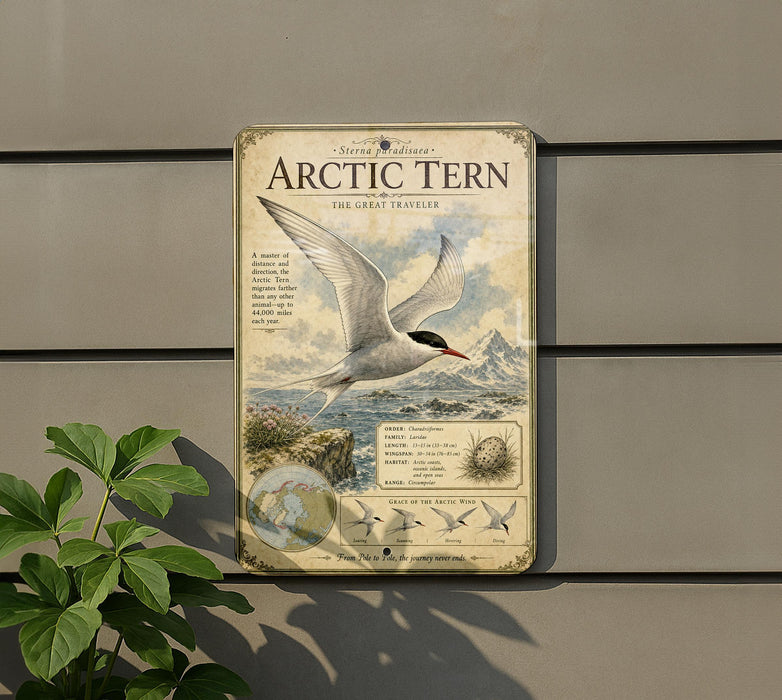 a vintage-style informational sign about the Arctic tern, a migratory bird that travels thousands of miles between its breeding and wintering grounds.