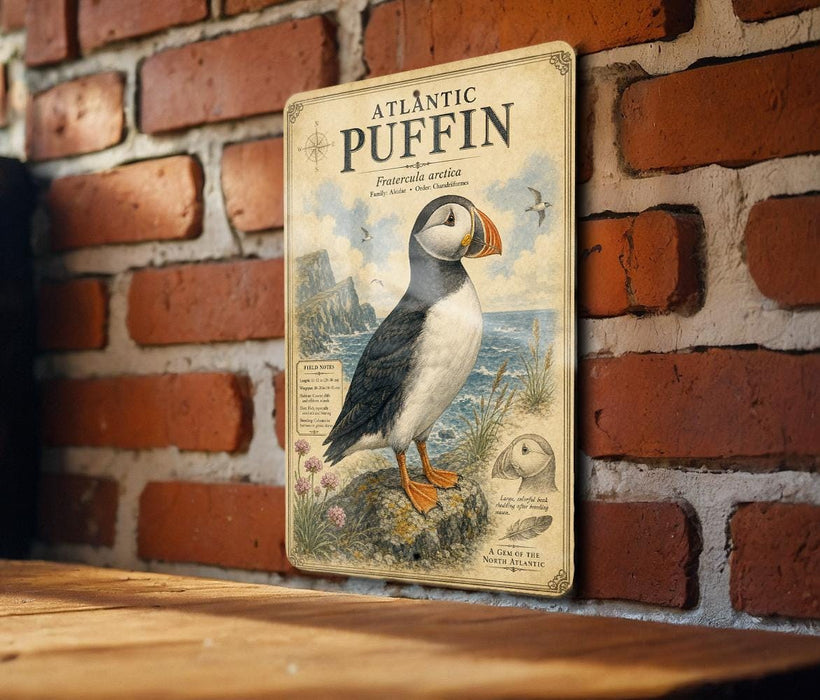 A vintage-style metal sign featuring an illustration of a puffin bird, mounted on a brick wall.