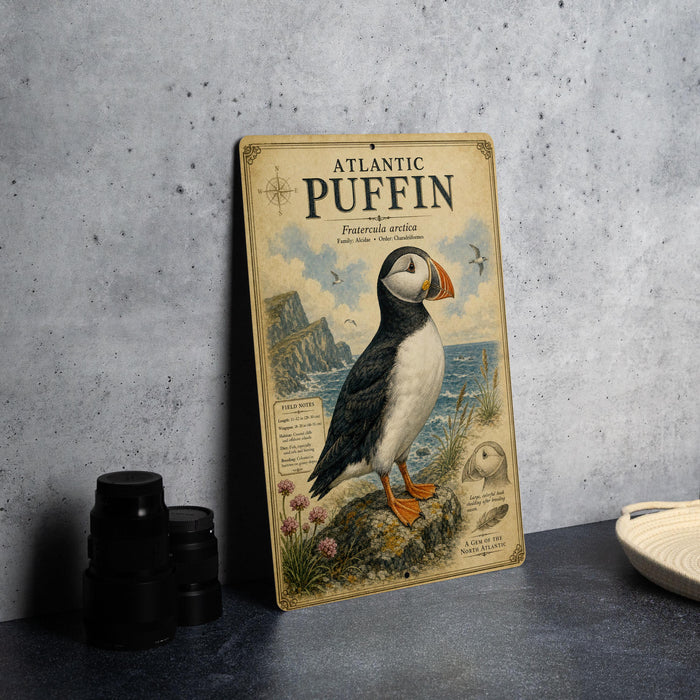 A vintage-style metal sign featuring an illustration of a puffin bird, with text and decorative elements, is displayed on a gray concrete surface.