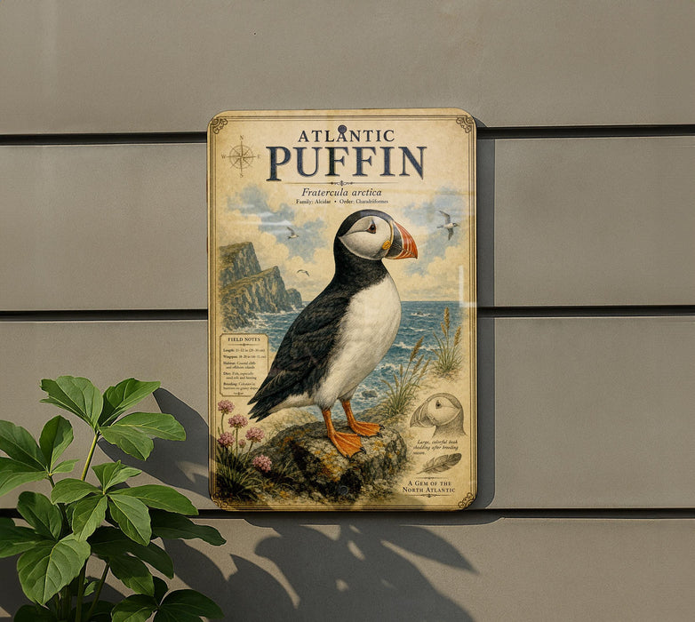 a vintage-style advertisement for the Atlantic puffin, depicting the bird standing on a rock with a scenic background of water and mountains.