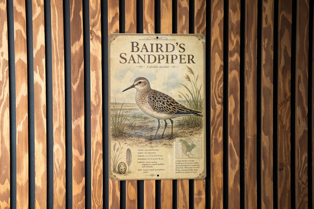A vintage-style metal plaque with a detailed illustration of a sandpiper bird, mounted on a wooden wall.