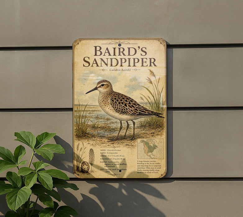 a sign for the Baird's Sandpiper, a bird that is native to the coastal regions of North America.