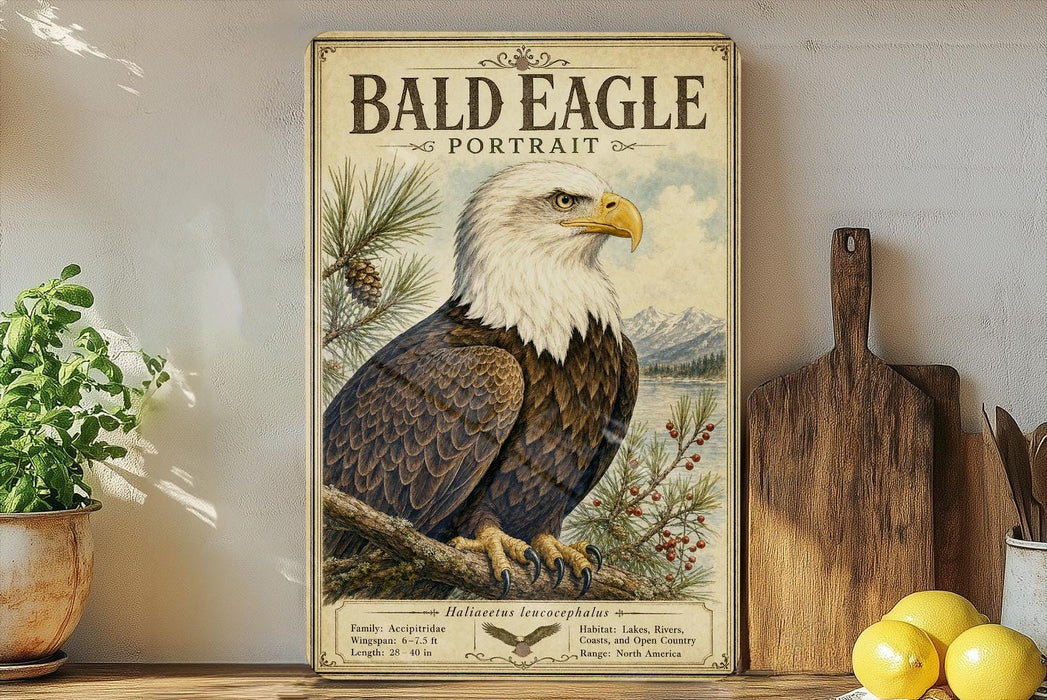 A framed vintage-style poster of a bald eagle is displayed on a shelf, with a wooden cutting board and a potted plant to the side.