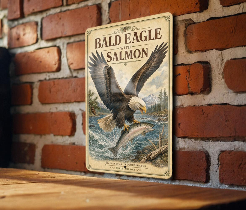 A vintage-style metal sign with an illustration of a bald eagle in flight, holding a salmon in its talons, set against a backdrop of a brick wall.