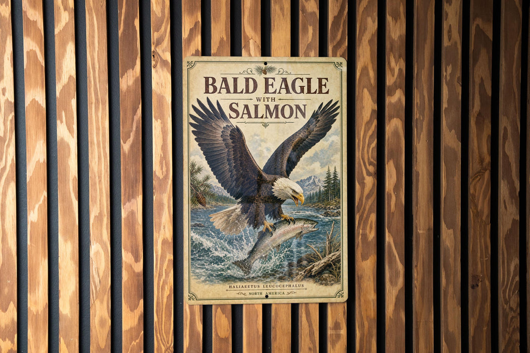 A vintage-style poster of a bald eagle with salmon in its talons, displayed on a wooden wall.