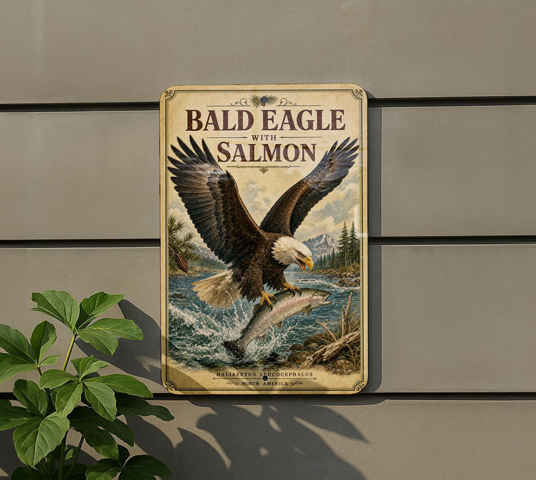 A metal sign with an illustration of a bald eagle catching a salmon, mounted on a wall.