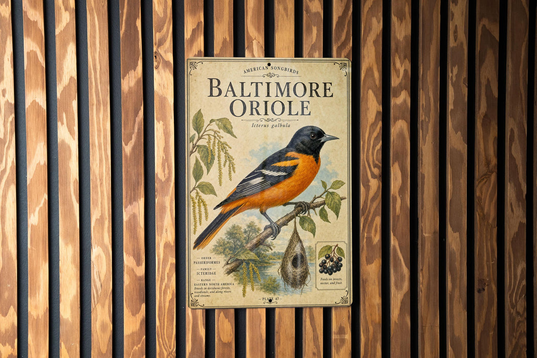 A poster of a Baltimore Oriole bird is displayed on a wooden wall.