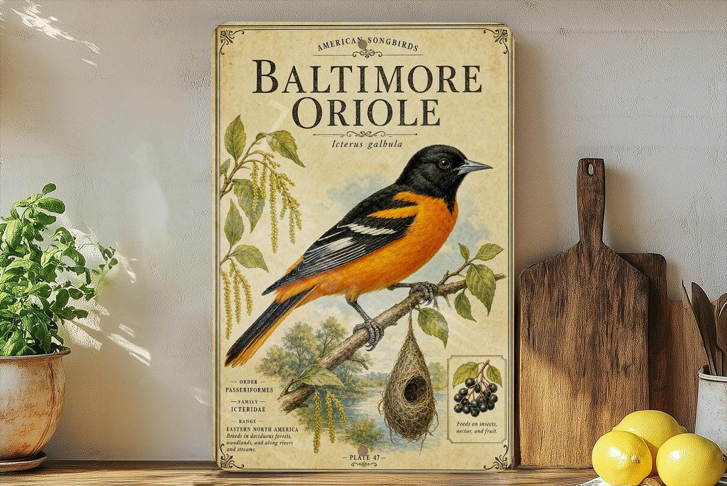 A vintage-style poster of a Baltimore Oriole, a black and orange bird, is displayed on a shelf next to a wooden cutting board and a potted plant.