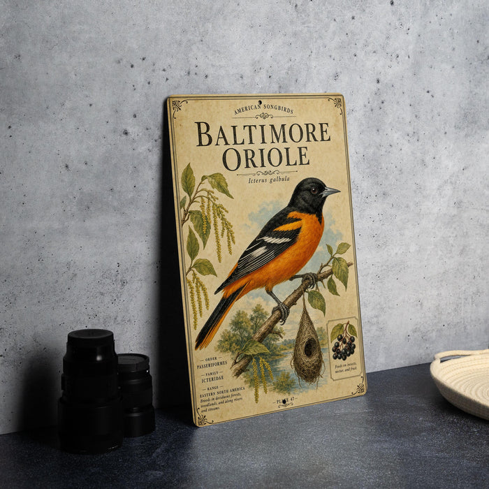 a vintage-style book cover for "American Orioles" by Baltimore Oriole, with a detailed illustration of a Baltimore Oriole perched on a branch.