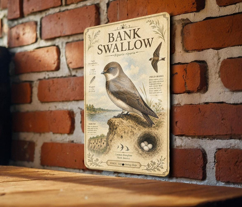 a vintage-style metal sign with illustrations and text, mounted on a brick wall.