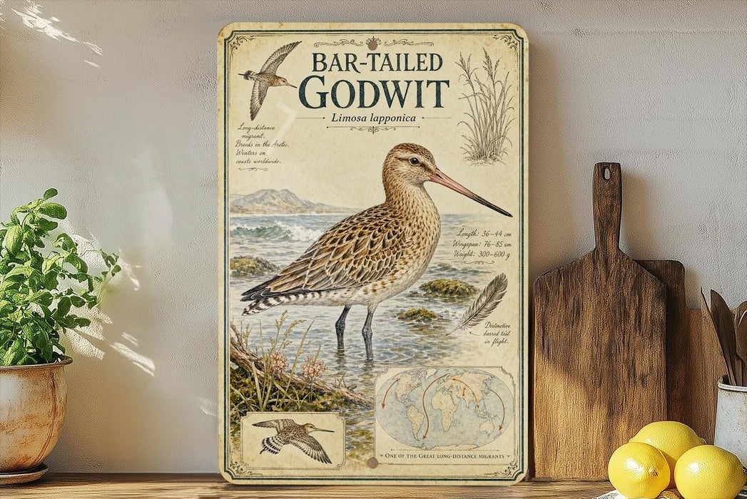 a vintage-style metal sign with illustrations and text, placed on a wooden surface next to a potted plant and a wooden cutting board.