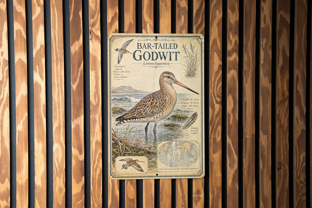 a vintage-style metal sign with a bird illustration, mounted on a wooden wall.