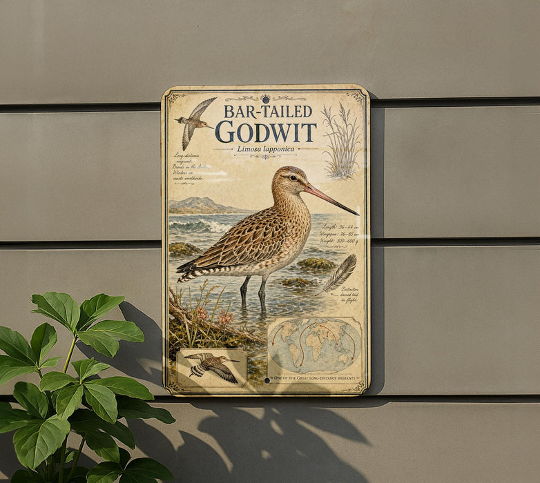 a metal sign with a detailed illustration of a bar-tailed godwit, a type of wading bird, standing in shallow water.