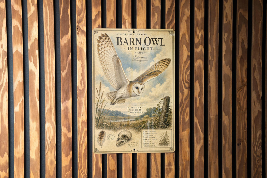 a poster of a barn owl in flight, mounted on a wooden wall.