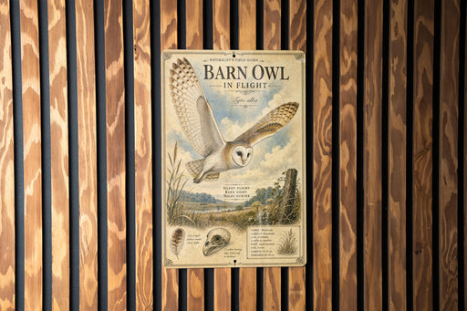 a poster of a barn owl in flight, mounted on a wooden wall.