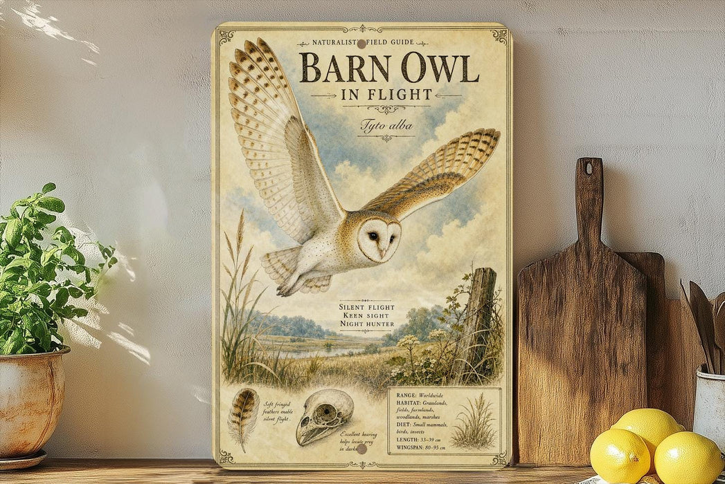 A vintage-style poster of a barn owl in flight, featuring illustrations of the bird and its natural habitat, is displayed on a wall next to a wooden cutting board and some kitchen utensils.