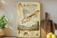A vintage-style poster of a barn owl in flight, featuring illustrations of the bird and its natural habitat, is displayed on a wall next to a wooden cutting board and some kitchen utensils.