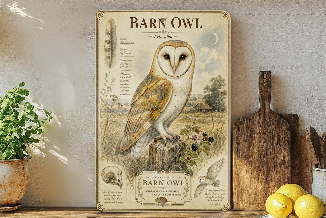 a vintage-style poster of a barn owl, which is displayed on a shelf next to a wooden cutting board and some kitchen utensils.