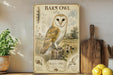 a vintage-style poster of a barn owl, which is displayed on a shelf next to a wooden cutting board and some kitchen utensils.