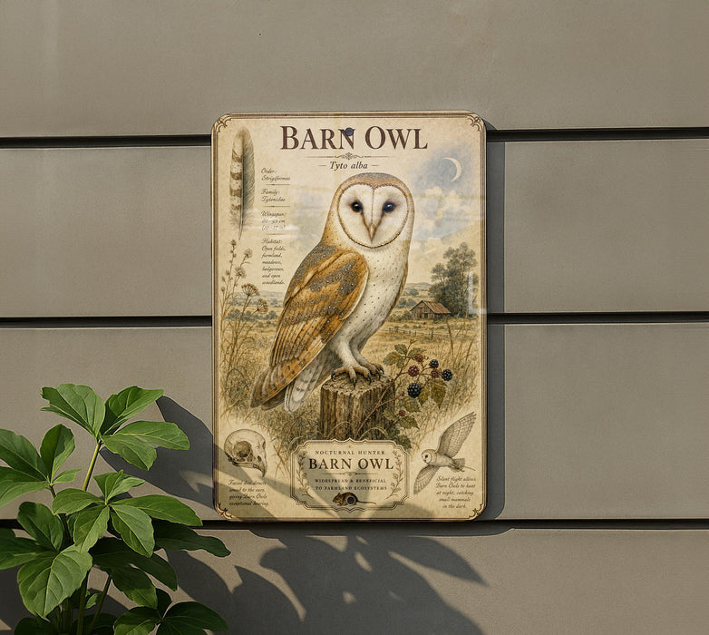a metal sign with an illustration of a barn owl, mounted on a wall.