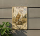 a metal sign with an illustration of a barn owl, mounted on a wall.