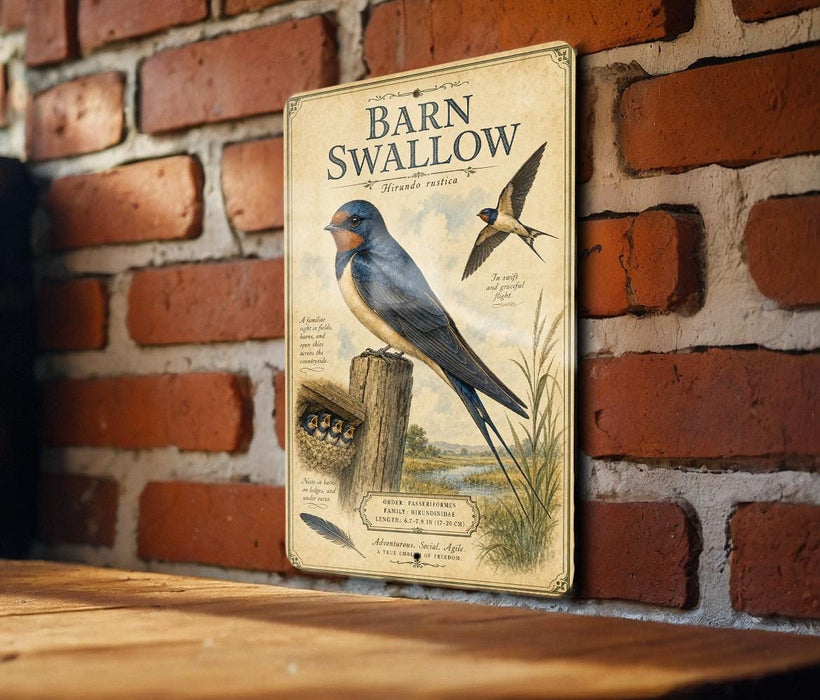 a vintage-style metal sign with illustrations of two blue birds, likely barn swallow birds, perched on a wooden post against a brick wall.