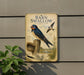 a vintage-style sign with illustrations of barn swallow birds, including one perched on a wooden post and another flying in the background. The sign is mounted on a wall and is surrounded by greenery, including a plant.