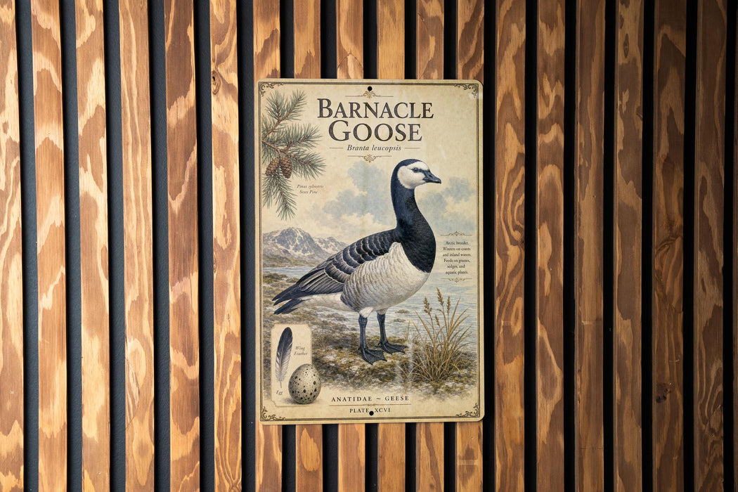 A vintage-style metal sign with a black and white illustration of a barnacle goose, mounted on a wooden wall.