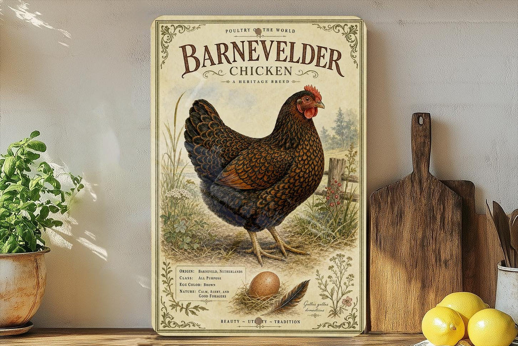 A vintage-style poster of a Barneweller chicken is displayed on a shelf, surrounded by kitchen utensils and a potted plant.