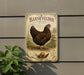 a vintage advertisement for Barnvelder chickens, depicting a brown chicken standing on a grassy field with a nest and an egg.