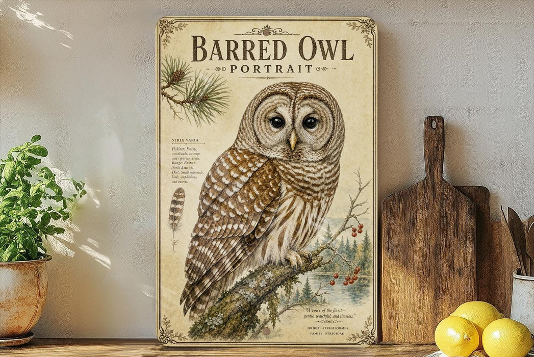 a framed illustration of a barred owl, a type of owl, on a branch with pine needles and berries. The owl is depicted in a detailed and realistic style, showcasing its distinctive features such as its large eyes, pointed beak, and striped plumage. The framed artwork is displayed on a shelf, surrounded by various kitchen utensils and decor items, including a potted plant, a cutting board, and a bowl of fruit.