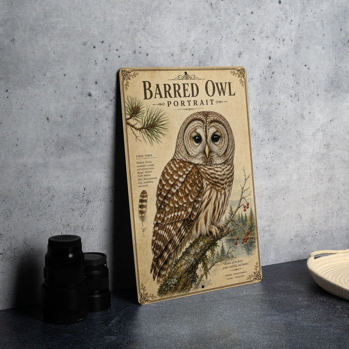 a vintage-style metal sign with an illustration of a barred owl, placed on a table next to some black camera lenses.
