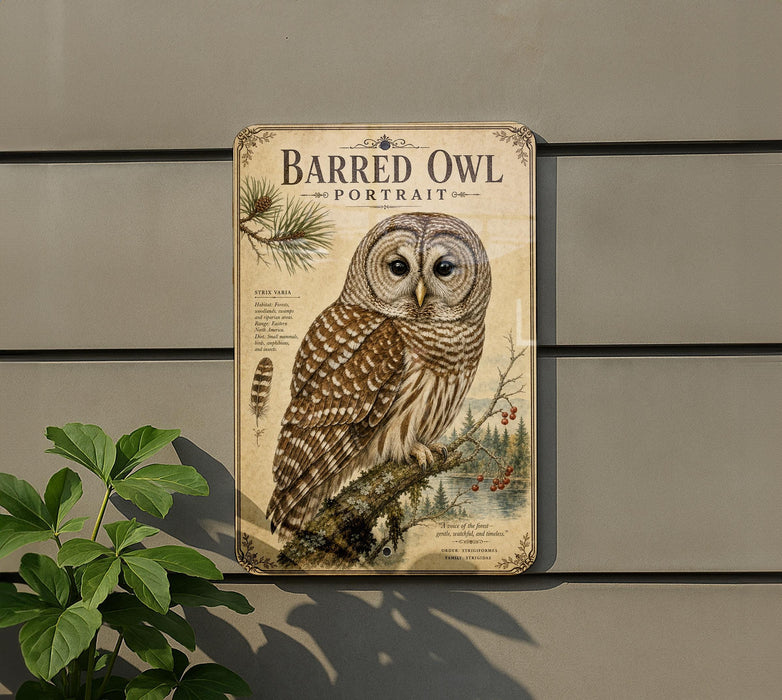 a vintage-style metal sign with an illustration of a barred owl perched on a branch, surrounded by pine needles and berries.