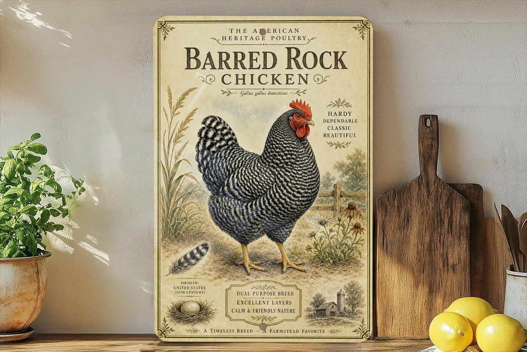 a vintage-style metal sign with an illustration of a black and white chicken, placed on a wooden shelf next to a wooden cutting board and some potted plants.