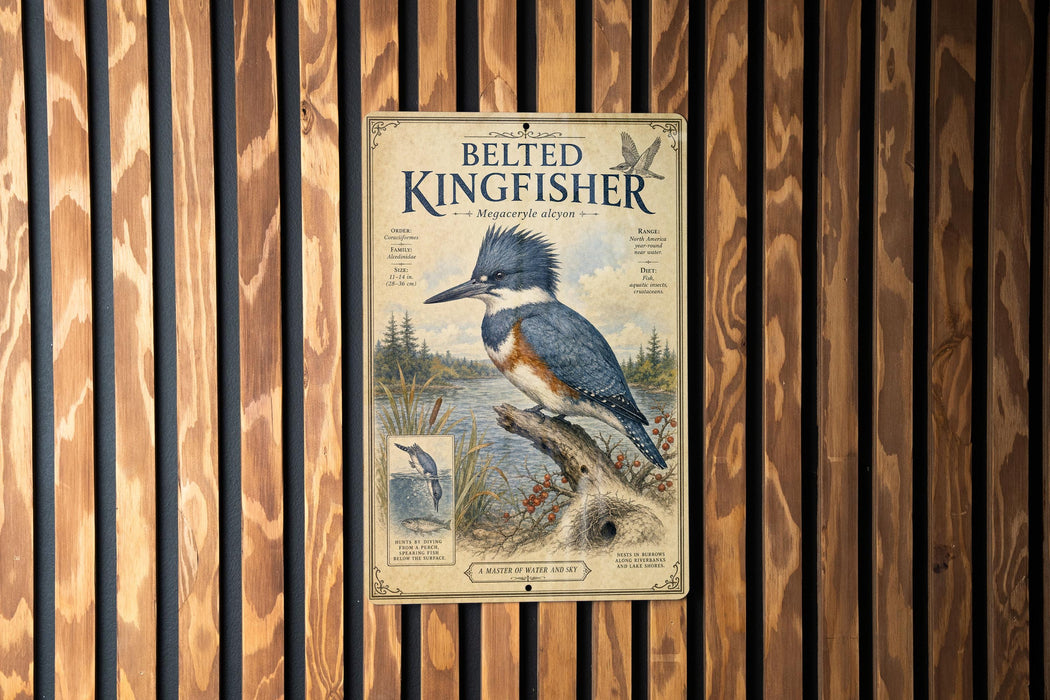 A vintage-style poster of a belted kingfisher, a type of bird, is displayed on a wooden wall.