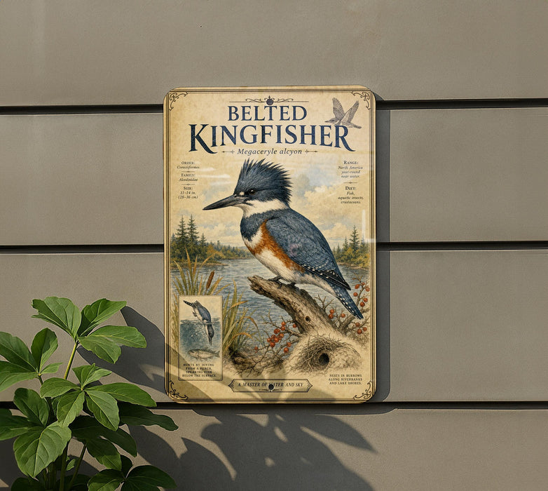 A metal sign featuring a detailed illustration of a belted kingfisher bird perched on a tree branch, with a river and forest in the background.