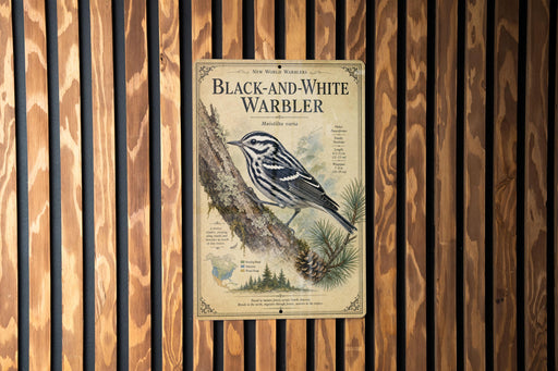 A vintage-style metal sign with a black and white illustration of a bird perched on a tree branch, mounted on a wooden wall.