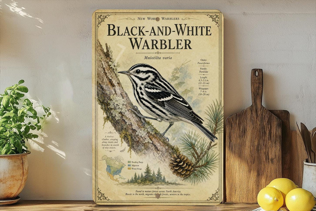 A framed illustration of a black and white warbler perched on a pine branch, with text describing the bird species.