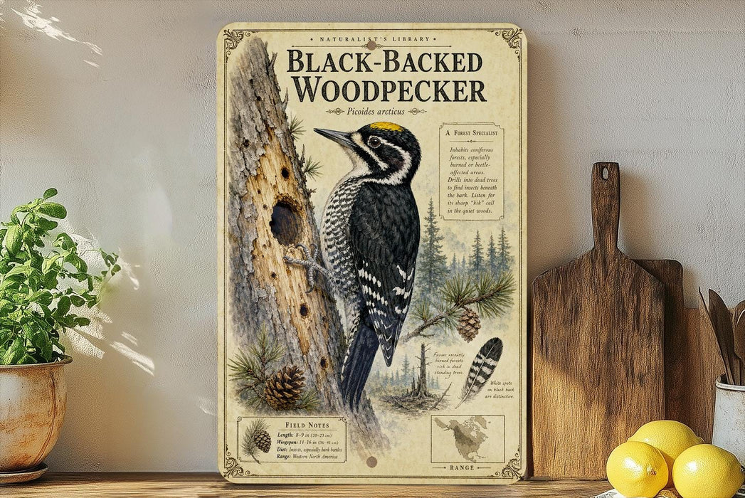 A vintage-style metal plate with an illustration of a black-backed woodpecker, surrounded by pine cones and other natural elements, is displayed on a wooden shelf next to a potted plant and a cutting board.