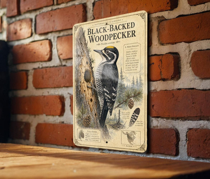A metal sign with an illustration of a black-backed woodpecker on a brick wall.