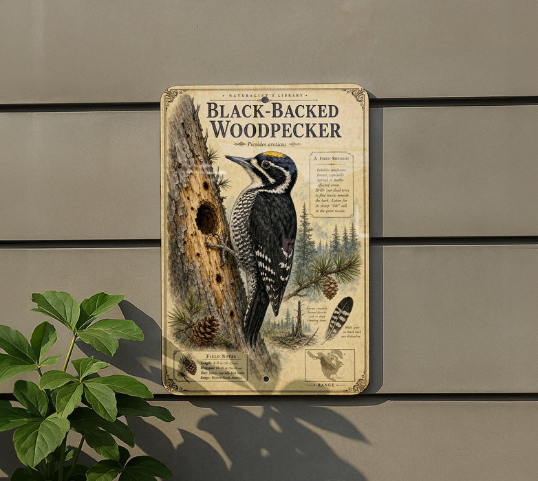 a metal sign with a black and white illustration of a black-backed woodpecker, mounted on a gray wall next to a plant.
