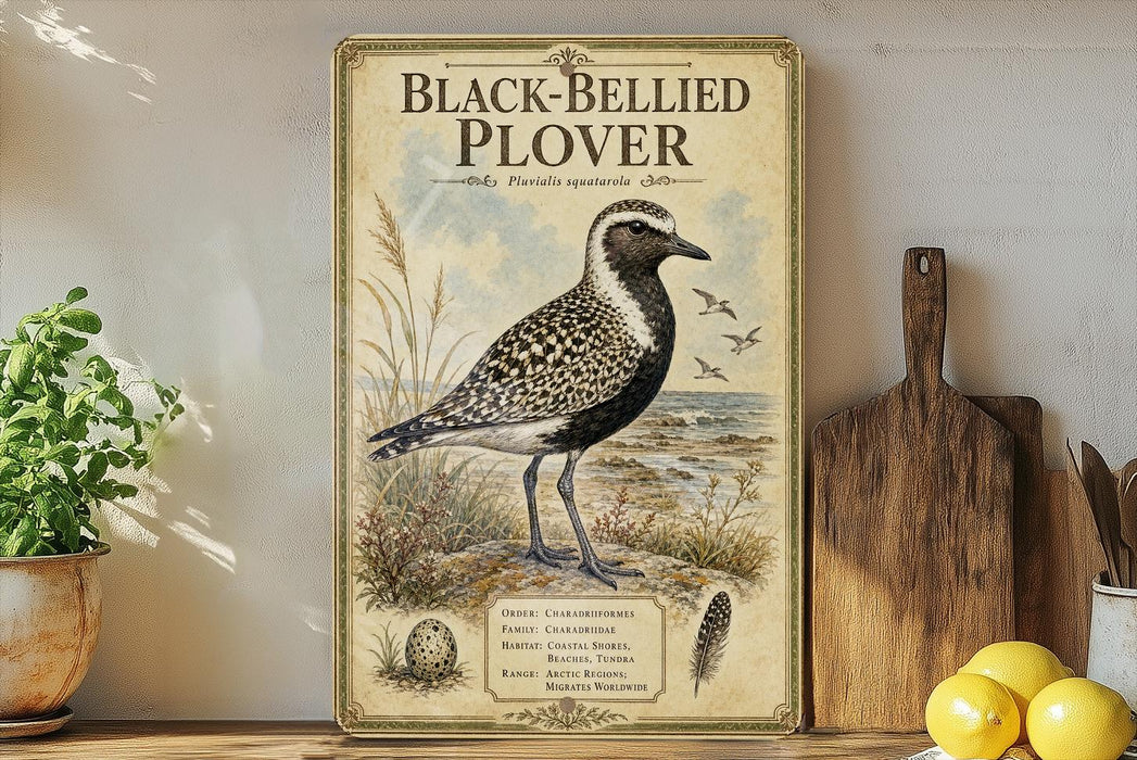 a framed illustration of a black-bellied plover bird, which is a type of shorebird, standing on a beach. The bird is depicted in a detailed and realistic manner, with its distinctive black and white plumage and beak. The framed artwork is displayed on a shelf, surrounded by various kitchen utensils and items, such as a wooden cutting board, a knife, and a bowl.