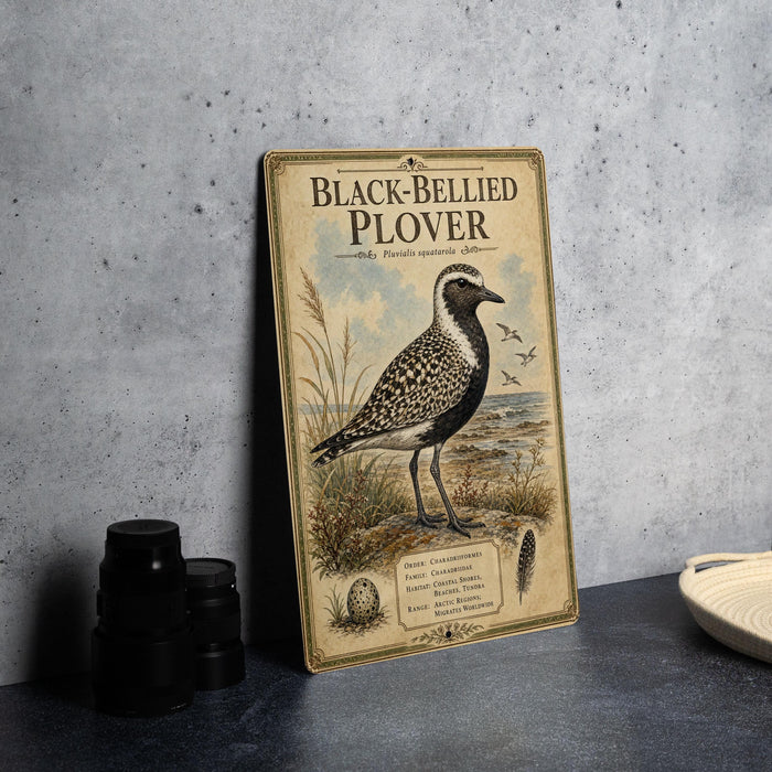 a vintage-style book cover for "Black-Bellied Plover" with a detailed illustration of the bird and text describing its features and habitat.