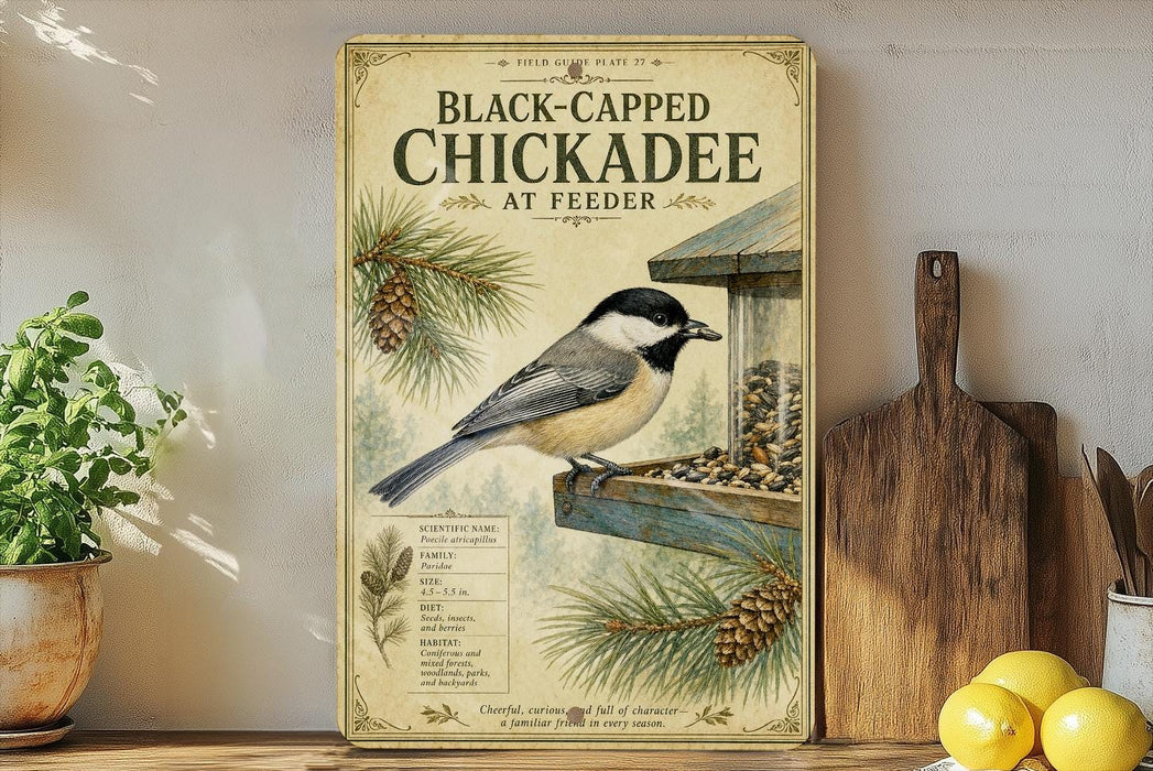 A vintage-style poster of a black-capped chickadee, featuring a detailed illustration of the bird perched on a bird feeder, surrounded by pine cones and pine needles. The poster is displayed on a wooden shelf, with a potted plant and a wooden cutting board visible in the background.