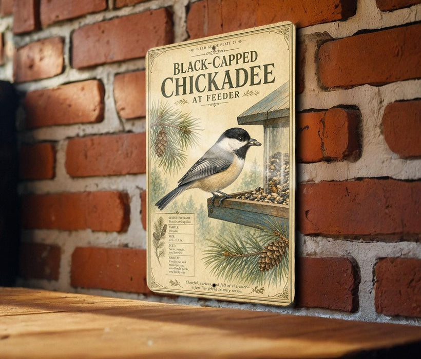 A vintage-style metal sign with a black and white illustration of a chickadee perched on a bird feeder, mounted on a brick wall.