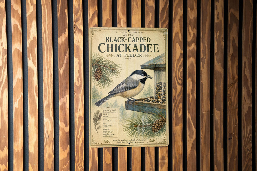 A vintage-style poster of a black-capped chickadee bird is displayed on a wooden wall, with pine cones and pine needles in the background.