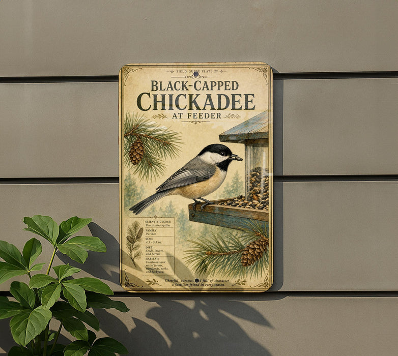 A vintage-style sign for a field guide to black-capped chickadees, featuring illustrations of the birds and their natural habitat.