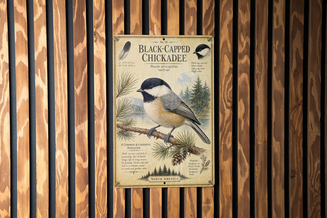 a poster of a black-capped chickadee perched on a branch, with a detailed illustration and text providing information about the bird.
