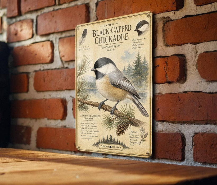 a vintage-style illustration of a black-capped chickadee perched on a branch, with a brick wall in the background.
