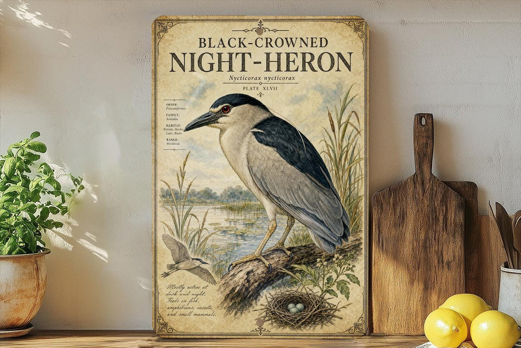 a vintage-style poster of a black-crowned night-heron, a species of bird, perched on a branch with a nest nearby. The poster is displayed on a shelf next to a wooden cutting board and a potted plant.